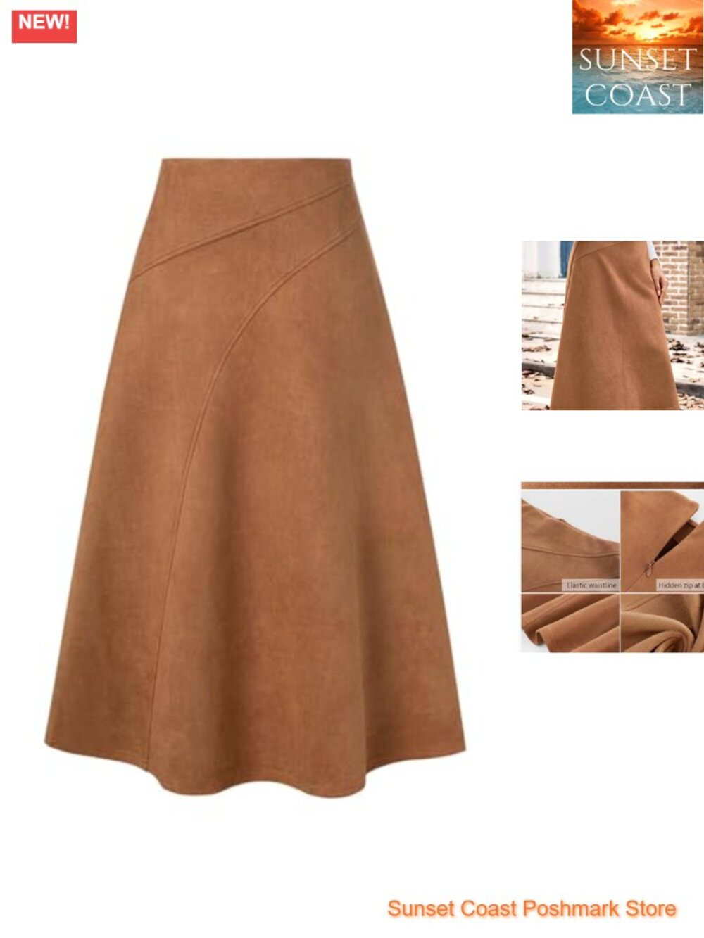 Faux Suede High Waist A-Line Midi Skirt Fall Winter Work Party